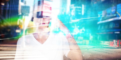 Poster - composite image of beautiful woman with virtual video glasses