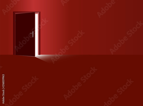 Red Room And Half Open Door With Incidence Of Light Coming