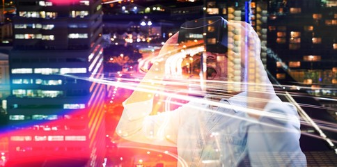 Poster - Composite image of businessman holding virtual glasses