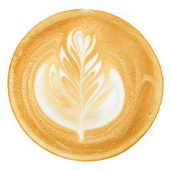 Top view. Hot coffee latte art isolated white background.