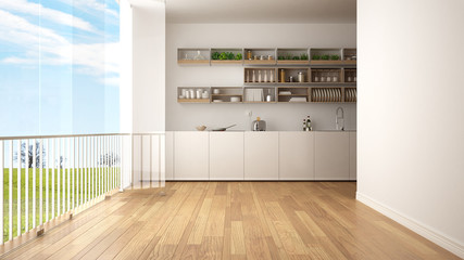 Wall Mural - Minimalist white and wooden kitchen with parquet floor and big panoramic window. Meadow with green grass, trees and blue sky in the background. Eco house interior design