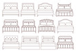 Bed. Vector. Furniture icon set in flat design for bedroom. Linear illustration in line art style. House equipment for hotel room isolated on white background. Outline sketch.