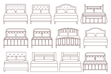 Bed. Vector. Furniture icon set in flat design for bedroom. Linear illustration in line art style. House equipment for hotel room isolated on white background. Outline sketch.