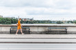 Young fashionable woman walking on the Queen Louise Bridge over Peblinge So. Traditional danish architecture of Copenhagen, Denmark