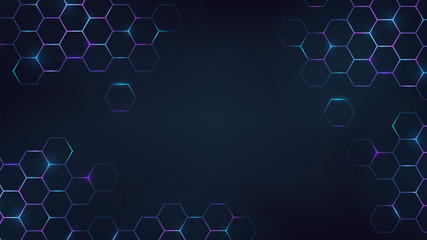 Wall Mural - Abstract dark background with blue luminous hexagons, technology, neon