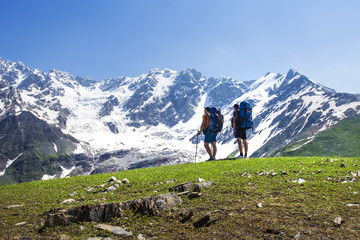 Wall Mural - hikers look at mountain range on a sunny summer day. tourists in the highlands. hiking in the mounta