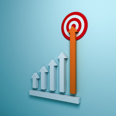 Growing up arrow graph aiming to goal target or red dart board the business concept on blue pastel color wall background with shadow 3D rendering