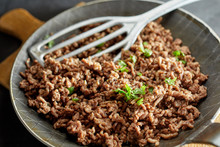 Fried Minced Meat On Pan With Green Chives