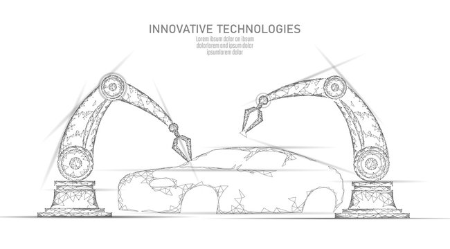 Low poly robotic arm assembly car automation technology. Industrial business factory robot machine welder. Auto body welding android hand polygon white triangle geometric vector illustration