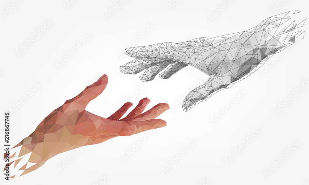 Low polygonal hands, human and robot arms, partnership of people and robots, computer graphics - obrazy, fototapety, plakaty 