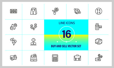 Sticker - Buy and sell icons. Set of line icons. Purchase, credit card, discount. Payment concept. Vector illustration can be used for topics like shopping, finance, banking