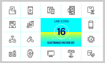 Poster - Electronics icons. Set of line icons. Mobile phone, data storage, satellite. Modern technology concept. Vector illustration can be used for topics like mobile service, apps, digital devices.