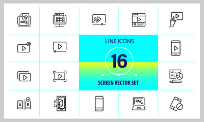 Poster - Screen icons. Set of  line icons. Player window, mobile phone, laptop. Screen concept. Vector illustration can be used for topics like video content, digital technology, apps.