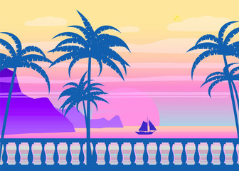 Wall Mural - Tropical sunrise at seashore, sea landscape with palms, embankment, balusters, minimalistic illustration. Seascape sunrise or sunset. Ocean scene with rising sun, palms, mountains and sky. Rocky coast