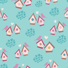 Multi-colored Birdhouses And Birds. Seamless Background Pattern. Clusters Of Hearts. Turquoise Background.