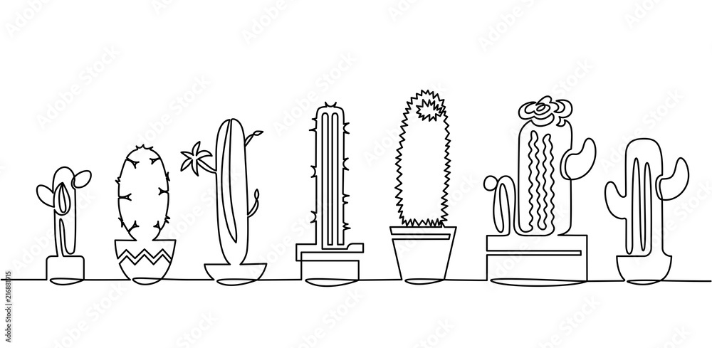 Continuous Line Drawing of Vector Set of Cute Cactus Black and White ...
