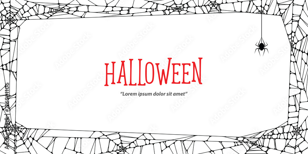 Halloween horizontal frame black cobweb and spider on white background ...