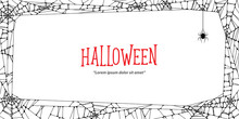 Halloween Horizontal Frame Black Cobweb And Spider On White Background Ilustration Vector. Halloween Concept.