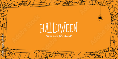 Cuadros en Lienzo Halloween horizontal frame black cobweb and spider on orange background ilustration vector