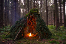 Primitive Wikiup Bushcraft Survival Shelter With A Campfire Burning In The Forest. A Traditional Shelter Similar To A Tepee. 