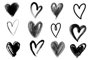 Vector collections of hand drawn grunge Valentine hearts isolated on white background.