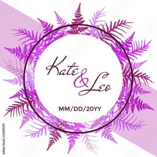 Wedding invitation card template, vector fern frond frame circle design with ...