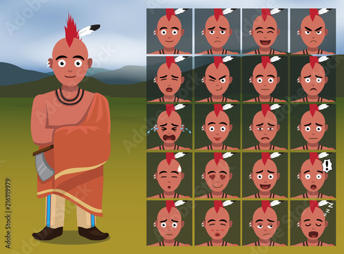 Native American Kansa Warrior Cartoon Emotion faces Vector Illustration