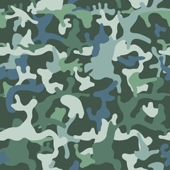 Camouflage pattern background seamless vector illustration. Classic clothing style masking camo repeat print. Green colors forest texture. 