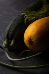 Wall Mural - Zucchini yellow and green on a dark background. Fall mood.