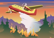 Firefighting Plane Dropping Water On Burning Forest. Aerial Firefighting And Wildfire Concept In Color. Flat Vector Illustration. Horizontal.