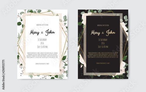 Botanical wedding invitation card template design, white and pink flowers on ...