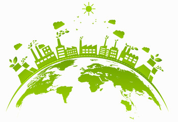 Ecology concept with green city on earth. sustainable development World environment concept, vector illustration