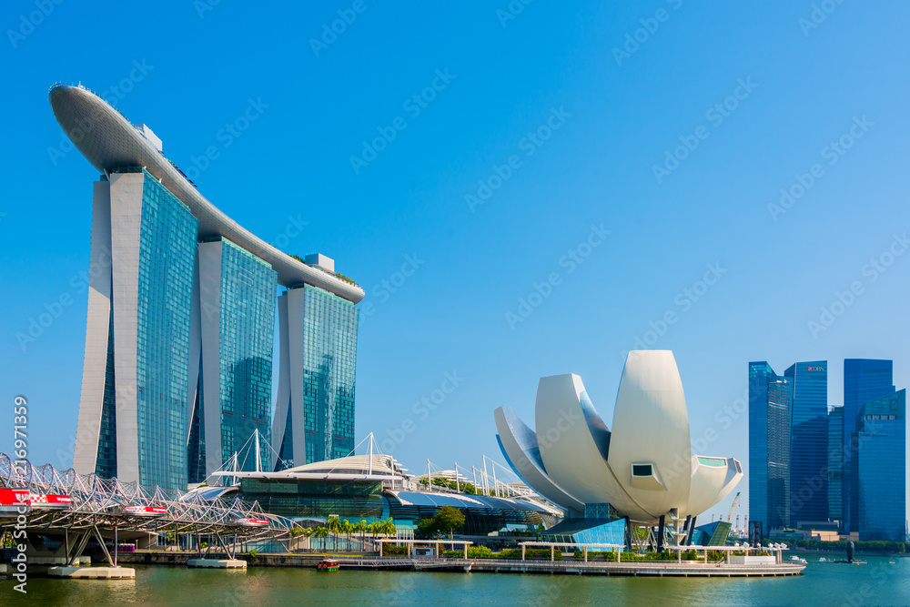 Beautiful landscape of Marina Bay Sands Casino Hotel Downtown in Singapore is one of the major tourist attractions in Singapore city - obrazy, fototapety, plakaty 
