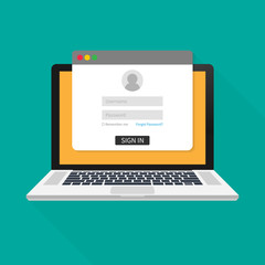 Poster - Login page on laptop screen. Notebook and online login form, sign in page. User profile, access to account concepts. Vector illustration.