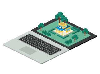 Wall Mural - building and trees isometric scene on laptop vector illustration design