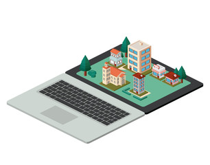 Wall Mural - building and trees isometric scene on laptop vector illustration design