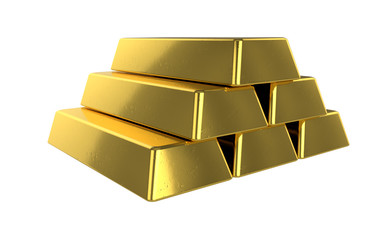 3D realistic render of pile golden bars. Isolated on white background.