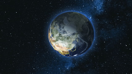 Wall Mural - realistic earth planet, rotating on its axis in space against the background of the milky way star s