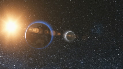 Wall Mural - sunrise view from space on planet earth and moon rotating in space against the background of the sta