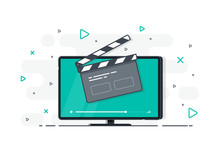 Flat Screen Tv With Clapper Board Icon. Trendy Flat Vector On White Background. Vector Illustration.