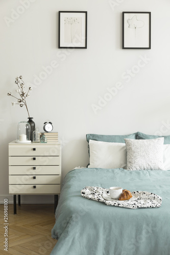 Real Photo Of White Bedroom Interior With Breakfast Placed