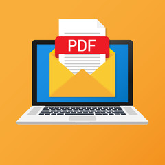 Leinwandbilder - Laptop with envelope and PDF file. Notebook and email with file attachment PDF document. Vector illustration.