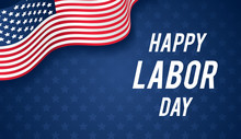 Happy Labor Day Banner Vector Illustration, USA Flag Waving On Blue Star Pattern Background With Copy Space.