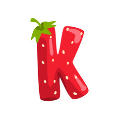 Poster - Letter K of English alphabet made from ripe fresh srawberry, bright red berry font vector Illustration on a white background