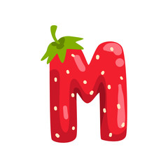 Poster - Letter M of English alphabet made from ripe fresh srawberry, bright red berry font vector Illustration on a white background