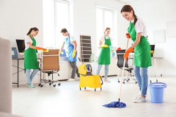 Wall Mural - Team of professional janitors in uniform cleaning office