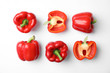 Flat lay composition with raw ripe paprika peppers on white background