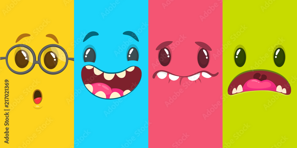 Cartoon monster faces set. Vector set of four Halloween monster faces ...