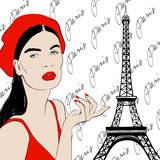 Fototapeta Paryż - Fashion portrait beautiful young brunette woman with red beret, red lips, sketch style design. Hand drawn fashion girl hand with red manicure showing With Eiffel Tower. Sketch. Vector illustration