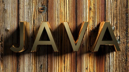 Poster - JAVA brass write on wooden background - 3D rendering